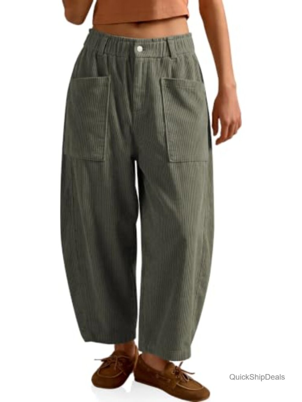 Corduroy Barrel Pants Women High Rise Wide Leg Cropped Casual Trousers